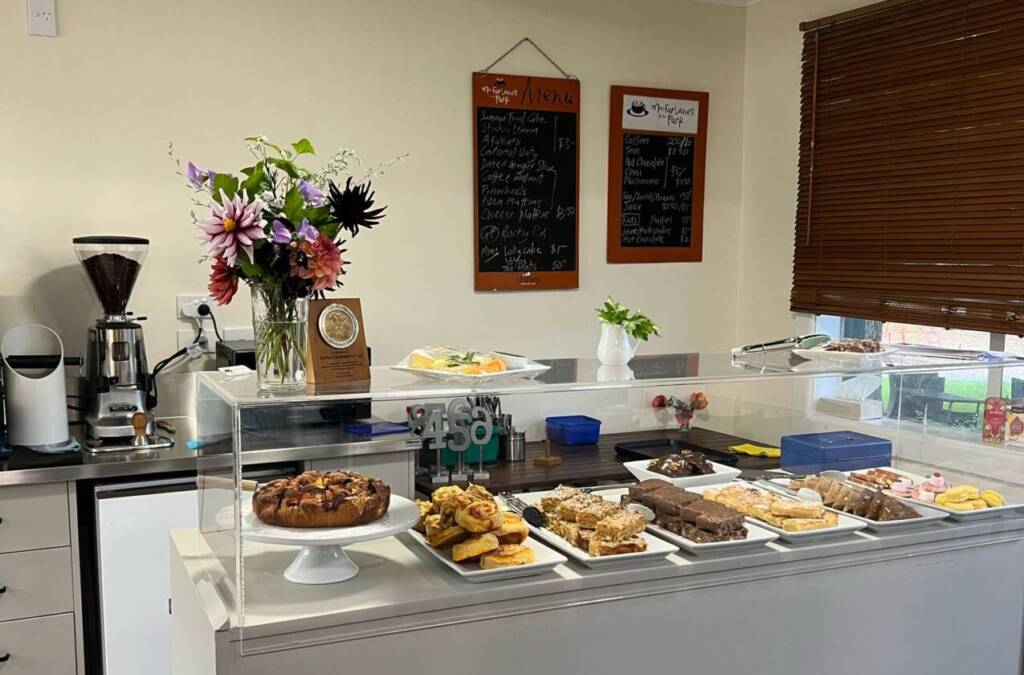 Cafe counter with selection of cakes and slices