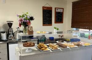 Cafe counter with selection of cakes and slices