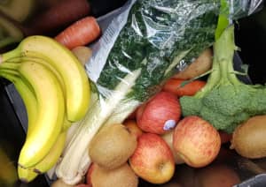 Fresh fruit and vegetables from the coop. Yellow banana, silver beet, brocoli, apples and kiwifruit in this bin ready for delivery by the Shirley Community Trust